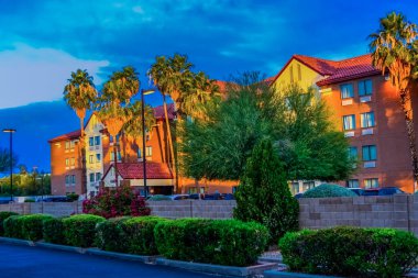 ABD, ARIZONA - 24 Kasım 2019: ABD 'nin Arizona eyaletinde günbatımında otelin yakınındaki palmiye ağaçları