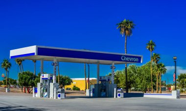 USA, ARIZONA - NOVEMBER 24, 2019: interior and design from tropical plants and palms near a car gas station in Arizona, USA