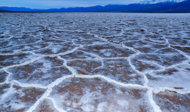 Death Valley Ulusal Parkı, Tuzlu Kil, Kaliforniya. Çatlamış ve şişmiş tuzlu düz tuz vadisi, ölü tuz manzarası