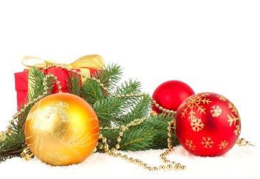 Christmas red gift with fir branch