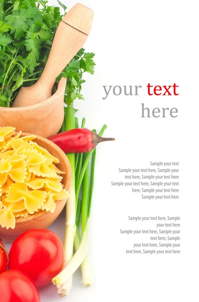 Pasta in bowl and vegetable & text — Stock Photo, Image