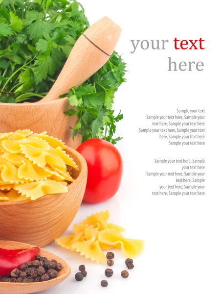 Pasta in bowl and vegetable & text — Stock Photo, Image