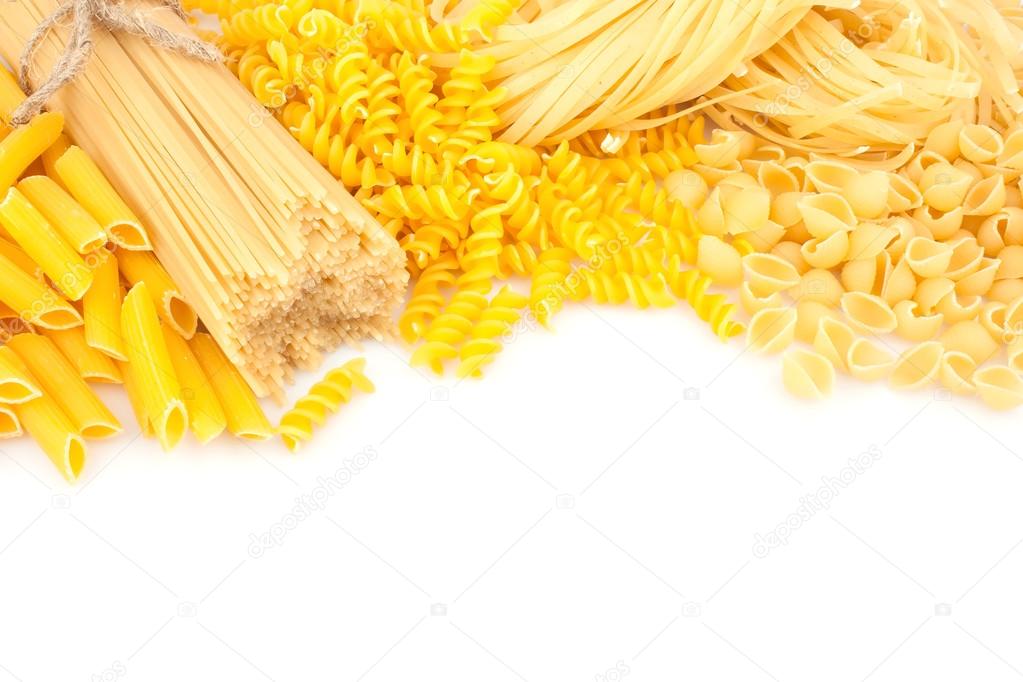 Different types of pasta on white