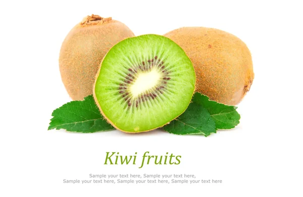 Kiwi with leaves & text — Stock Photo, Image