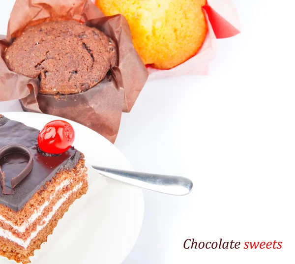 Cherry cake and cupcake — Stock Photo, Image
