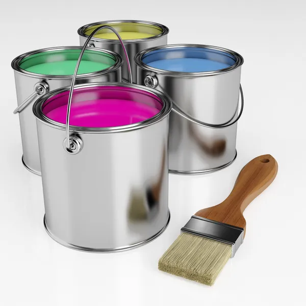 Cans of paint and a brush — Stock Photo, Image