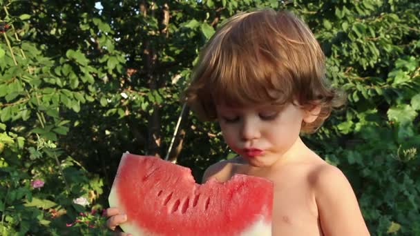 Junge und Wassermelone — Stockvideo
