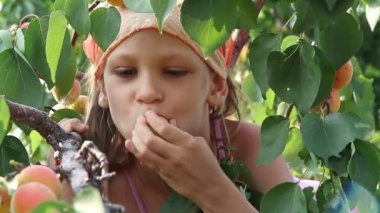 Kız bir ağacın altında oturup kayısı yiyor