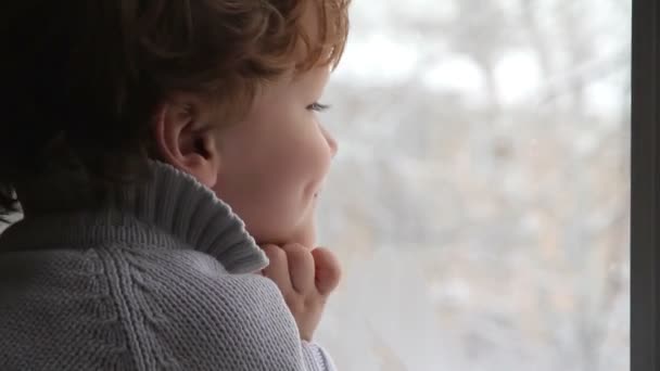 Boy looking out the window — Stock Video