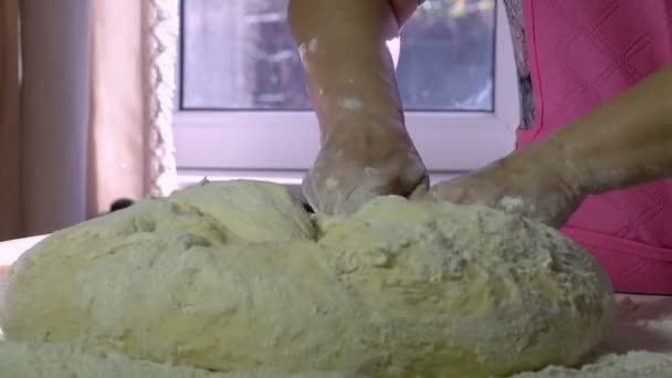 Gâteaux de fête. Les mains des femmes pétrissent la pâte pour un gâteau fait maison au soleil — Video