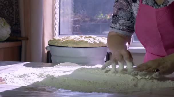 Pişirme büyükanne. kadın böreği masaya koyar ve yoğurmak başlar — Stok video