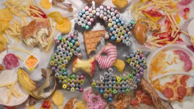 İşlem için yiyecek topluyorum. Geri dönüşüm sembolü eski AA pillerden oluşuyor. Yavaş yavaş, sürdürülemez kullanımı, koleksiyonu ve geri dönüşümü sembolize eden az yenmiş gıda maddeleri arasında dönüyor.