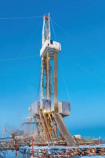 Drilling Wells Winter Oil Gas Field Arctic Polar Day Textured — стокове фото