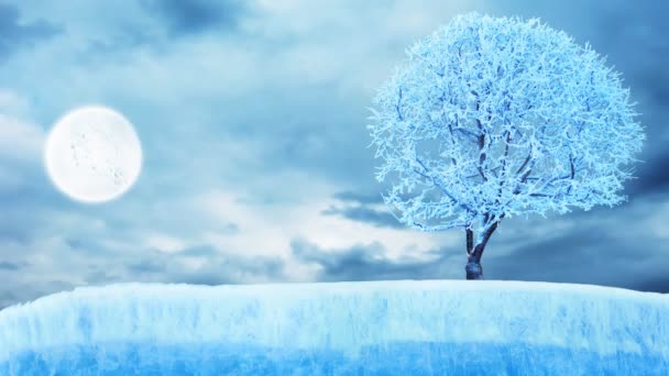 Árbol congelado en el hielo bajo la luna — Vídeos de Stock