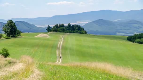 Turistas caminhando pela estrada rural em verde natureza paisagem lapso de tempo — Vídeo de Stock