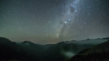 Samanyolu galaksisi yıldızlarıyla sisli dağlarda Yıldızlı gece gökyüzü Zaman Astronomisi