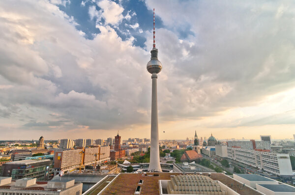 BERLIN, GERMANY - JUNE 07: panoramic view over television tower and Berlin downtown on June 07, 2013. The television tower of Berlin represents the tallest building in Germany with a height of 368m.