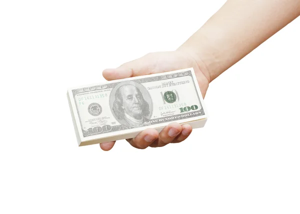 Hand of a man holding 100 dollar bills — Stock Photo, Image