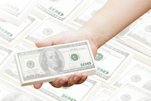 Hand of a man holding 100 dollar bills — Stock Photo, Image