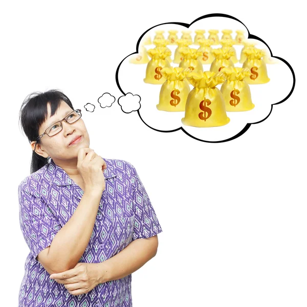 Aziatische senior vrouw denken aan Geldzak — Stockfoto