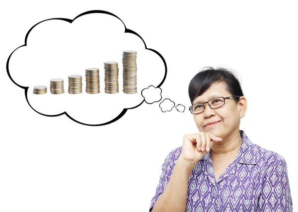 Aziatische senior vrouw denken om geld — Stockfoto