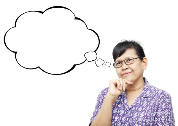 Asian senior woman smilingly and thinking something — Stock Photo, Image