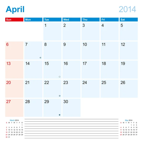 Calendário-Planejador 2014 Abril —  Vetores de Stock