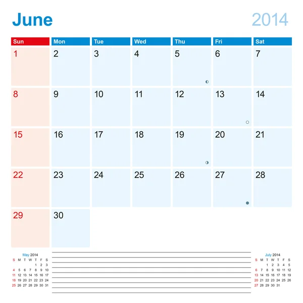 Calendário-planejador 2014 Junho de —  Vetores de Stock
