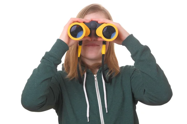 Girl with binoculars — Stock Photo, Image