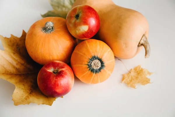 Podzimní Sezónní Sklizeň Ovoce Zelenina Pozadí Dýně Červená Jablka Javorové — Stock fotografie
