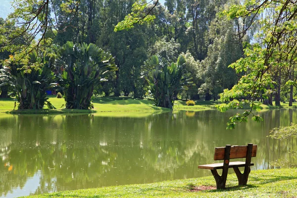 Dřevěná židle v jezeře garden v taiping, Malajsie — Stock fotografie