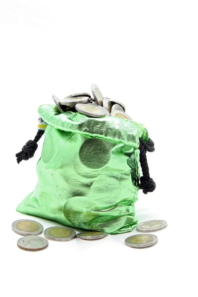 Green money bag coins — Stock Photo, Image