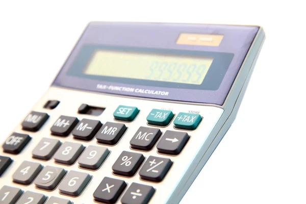 Perspectief van fiscale knop op grijze rekenmachine — Stockfoto