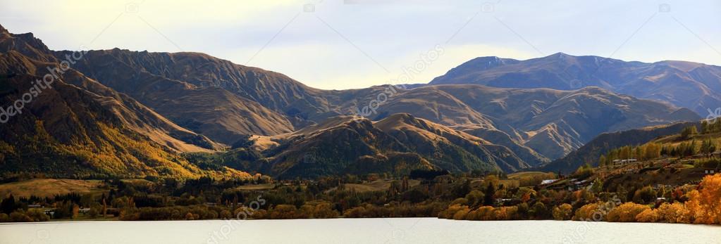 Panorama of Mountain alpine alps range at Lake Hayes Queenstown