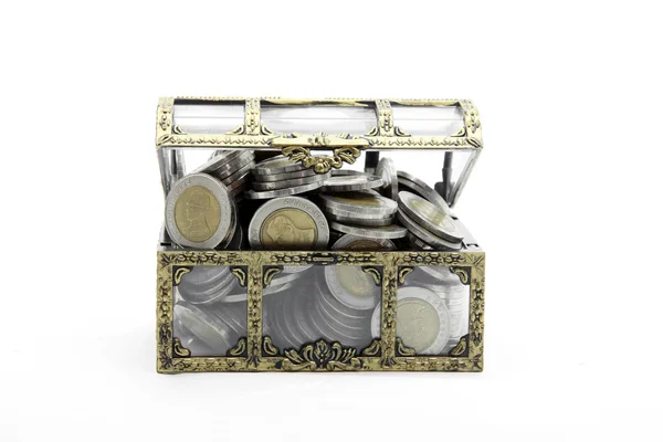 Open chest with full wealth coins money inside — Stock Photo, Image