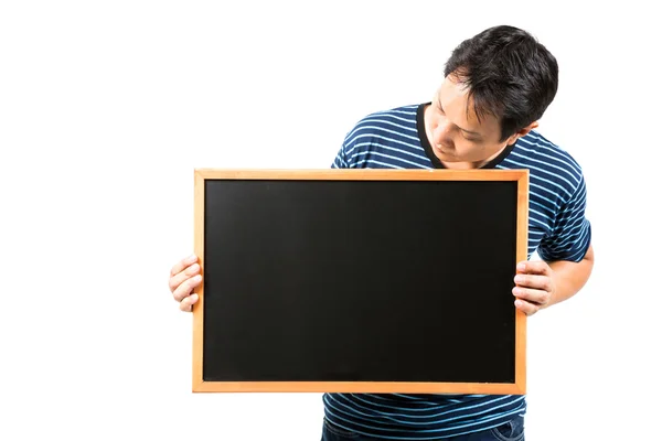 Man holding blank blackboard — Stock Photo, Image