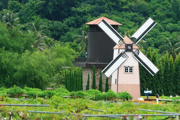 Mulino a vento storico sui campi di Pattaya, Thailandia — Foto Stock