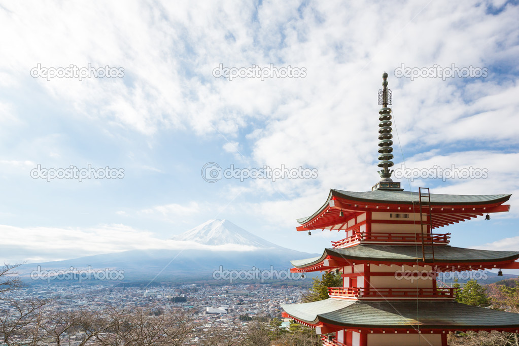 Red pagoda with Mountain Fuji landscape