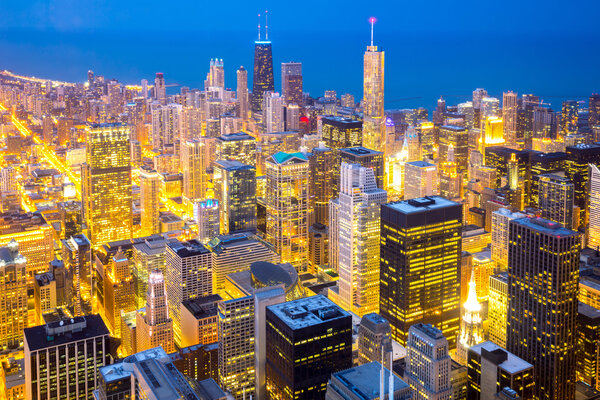 Aerial view of Chicago City downtown at dusk.