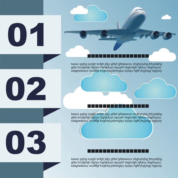 Αεροπλάνο στον αέρα με το μπλε σύννεφα σε ένα διάνυσμα ριγέ φόντο — Διανυσματικό Αρχείο