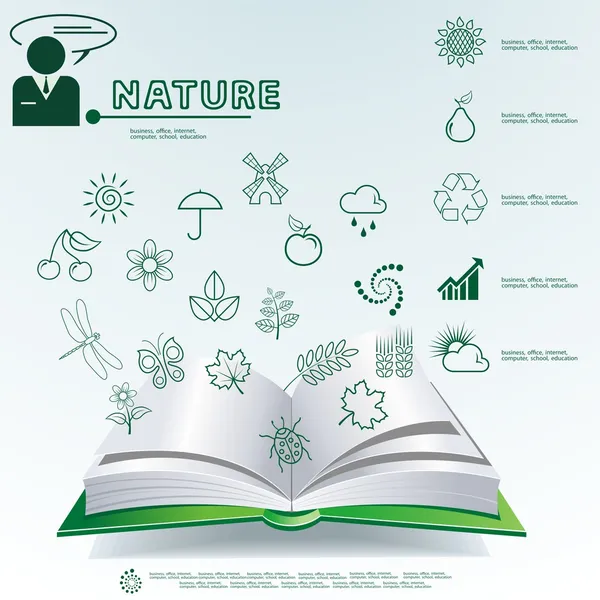 Le foglie verdi sono stampate sul libro. Natura vettoriale idea ecologia — Vettoriale Stock