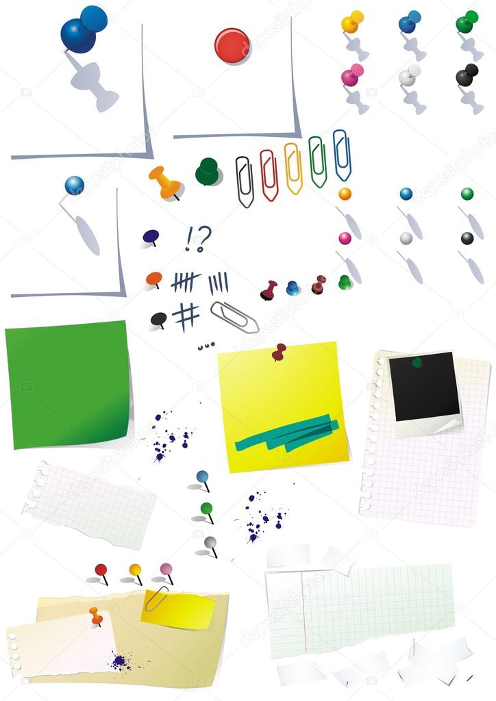 Vector paper notes with office button paper clip color illustration