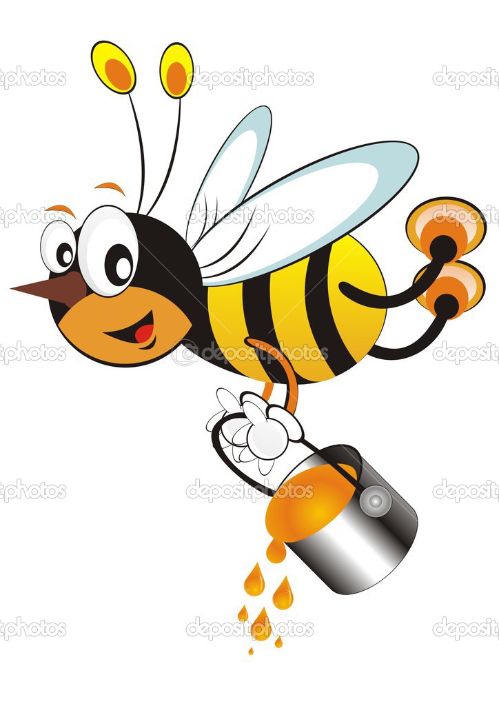 Happy bee flying with a honey bucket. vector illustration