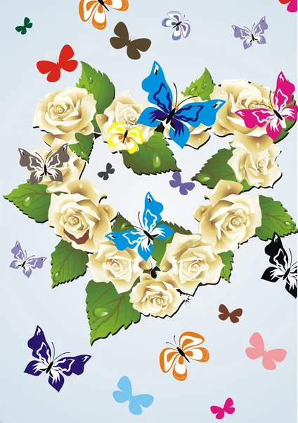 Illustration colorée drôle avec des fleurs abstraites et papillon — Image vectorielle