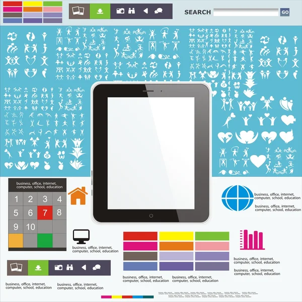 O jogo de pictogramas humanos ativos ilustra-se contra um tablet um computador uma web um site web —  Vetores de Stock