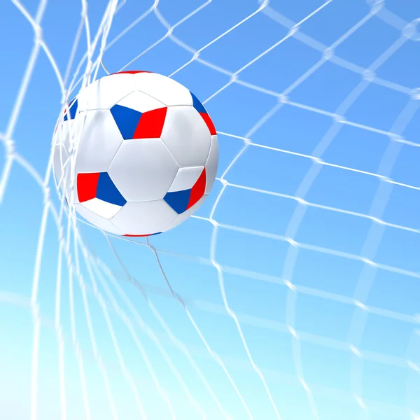 3D-weergave van een vlag van Griekenland op voetbal bal in een net — Stockfoto