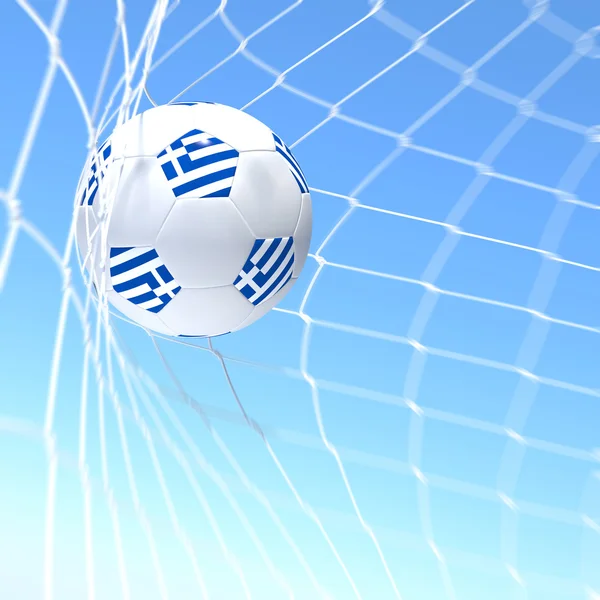 3d rendering di una bandiera greca su pallone da calcio in una rete — Foto Stock