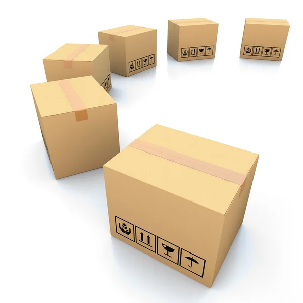 Karton dobozok, fehér háttér, 3D-s illusztráció — Stock Fotó