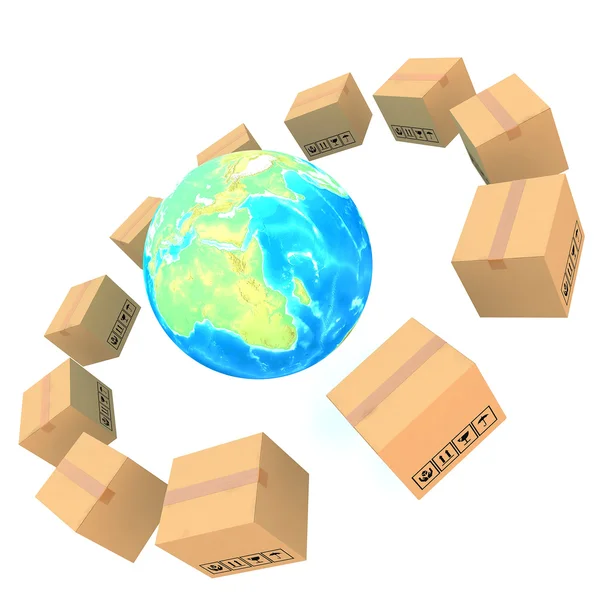 Cardboard boxes around global on white background 3d illustratio — Stock Photo, Image