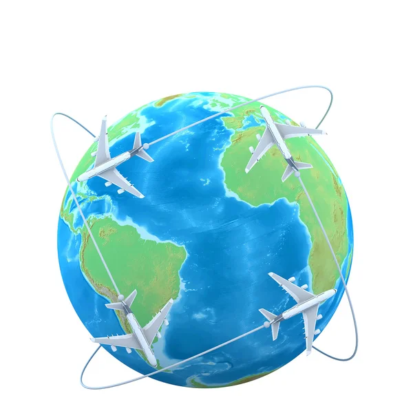 3d Planes flying around the globe — Stock Photo, Image
